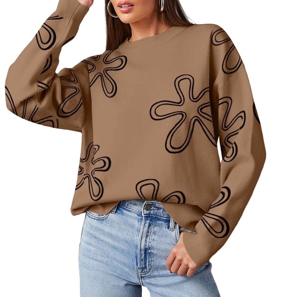 Dokotoo Floral Crewneck Sweater Womens Large New Dark Khaki Knit Pullover
